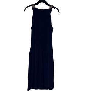 Lauren Ralph Lauren Evening Dress Womens 10 Navy Blue Beaded Sheath Jersey
